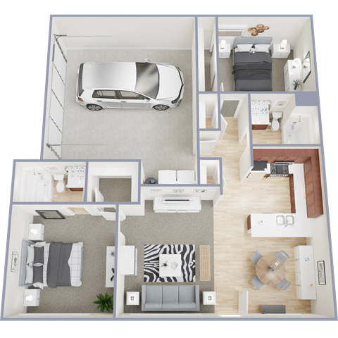 a floor plan of a two bedroom apartment with a car in the garage